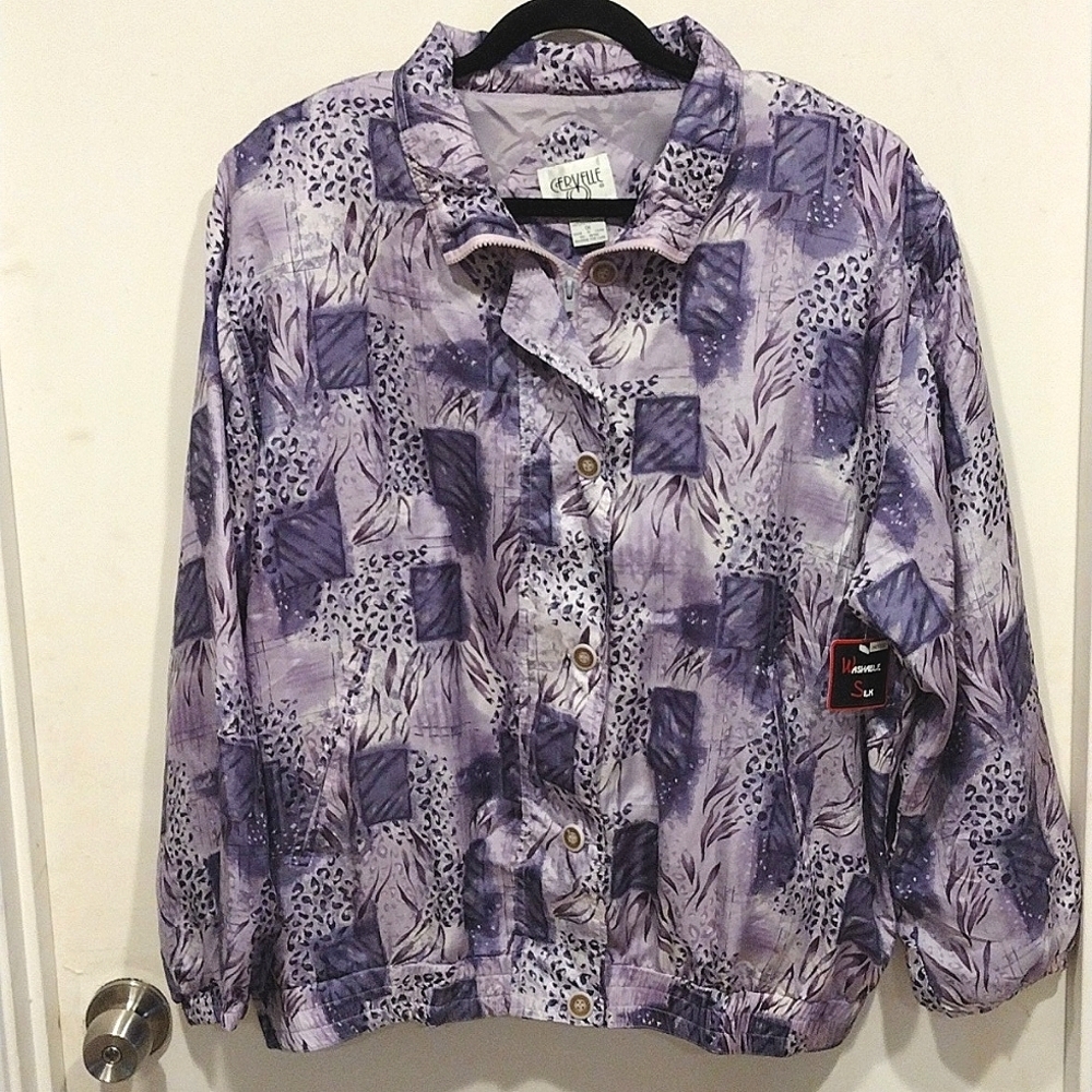 NWT Cervelle 100% Silk Purple Safari Animal Print Full Zip Jacket Sz 1X-Mob Wife